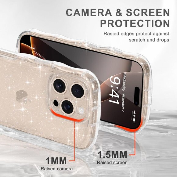 iPhone 16 Pro Max Case Clear, Cute Sparkly Bling Glitter Curly Wave NEW - Picture 6 of 6